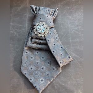 Beige Floral Medallion Tie with Sparkling Crystal Brooch